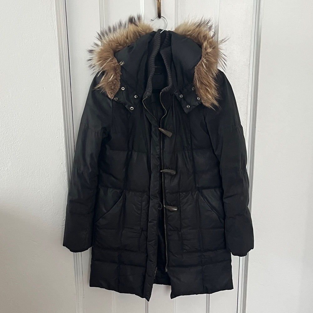 BCBGMaxAzria Black Puffer Coat with Fur Trim